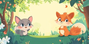 森林中嬉戏的小猫与松鼠