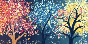 梦幻多彩树木夜景插画