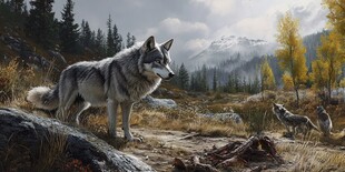 荒野孤狼的秋日山林图景