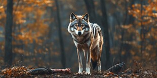 秋日森林中的孤狼