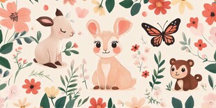 可爱动物与花卉的梦幻场景