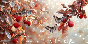 秋景果枝上的双蝶飞舞