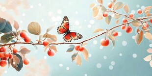 蝶栖红果枝的梦幻景致