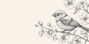 枝头小鸟与繁花素描图