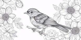 花鸟素描 小鸟栖于花枝间