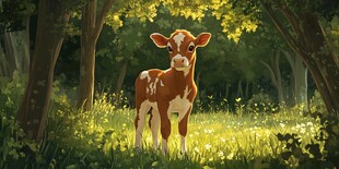 森林中的可爱小牛