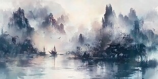 水墨山水间 孤舟泛清波