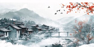 水墨江南村落 飞鸟红枫景