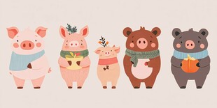 可爱萌趣小猪小熊插画