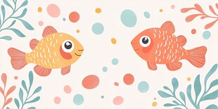 可爱双金鱼与梦幻植物插画
