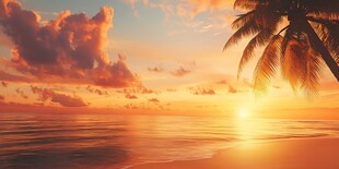 夕阳下的海边椰树美景