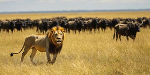 草原雄狮与迁徙的角马群