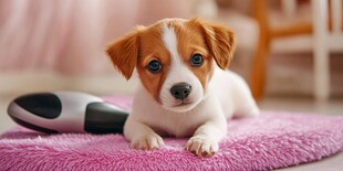 可爱小狗趴卧粉色地毯上