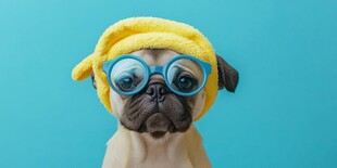 戴帽戴镜的可爱巴哥犬