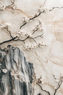 水墨山石间绽放的花枝