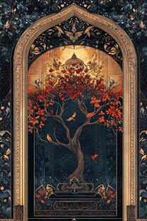 中式拱门繁花飞鸟装饰画