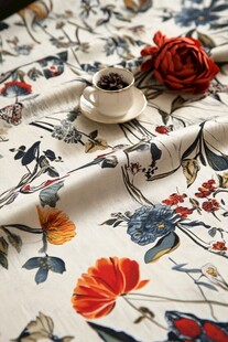 花卉布料上的咖啡与玫瑰