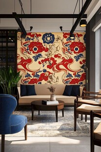 中式风客厅 复古花卉背景墙