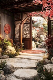 中式庭院拱门处的雅致景致