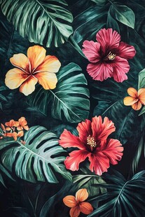 热带花卉与绿叶装饰图案