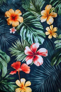 热带花卉与绿叶图案布料