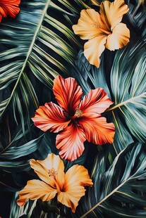 热带花卉与绿叶的绚丽组合