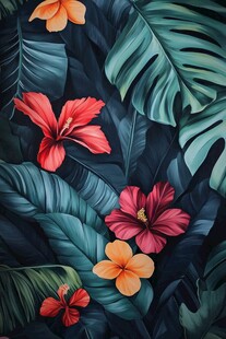 热带花卉与叶片装饰图案