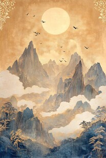 月夜群山飞鸟中式美景