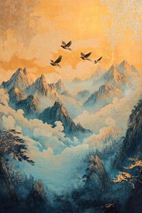 夕阳飞鸟映山川