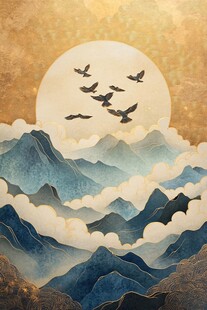 群鸟翔于山川日月间