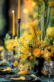 黄色系精美餐桌花卉布置
