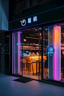 酷炫灯光下的甜品店外观