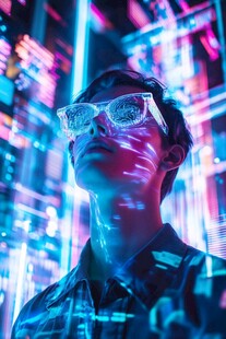 未来感男子置身霓虹科技空间