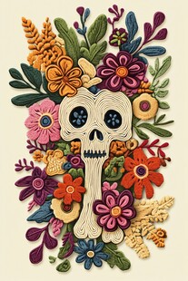 花卉环绕的骷髅刺绣艺术