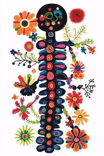 花卉环绕的创意骨架插画