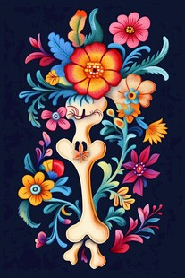 花卉环绕的趣味骨骼图案