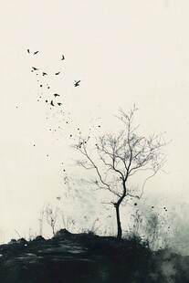 孤树飞鸟间的水墨意境