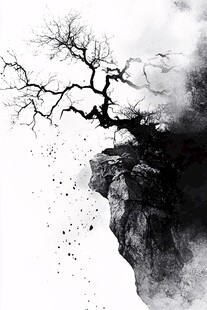 悬崖孤树水墨意境图