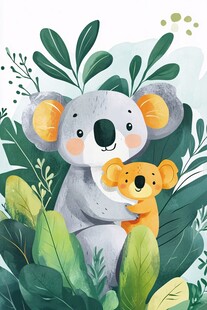 考拉母子依偎于绿植间