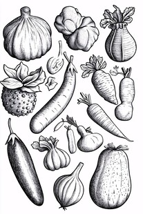 手绘多样蔬菜黑白插画