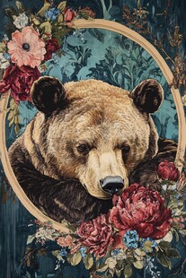 熊与花卉的梦幻插画