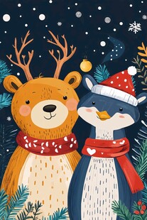 圣诞小熊与企鹅的温馨时刻