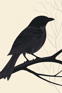 枝头黑鸟剪影插画