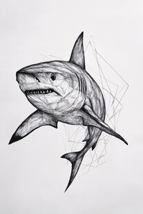 黑白线条勾勒的凶猛鲨鱼