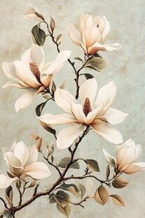 复古风玉兰花枝插画