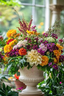 多彩花卉装点古典花瓶