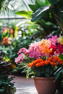 多彩盆栽装点的生机花园