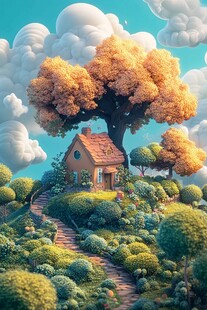 梦幻田园小屋与金秋大树