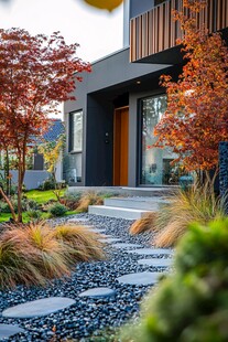 秋日现代住宅前的雅致小径