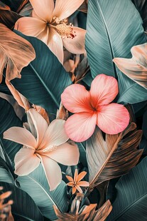 热带花卉与绿叶的美妙组合